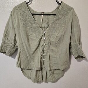 Free People Women's Laurie Embroidered Top Sage Green V Neck Size Small